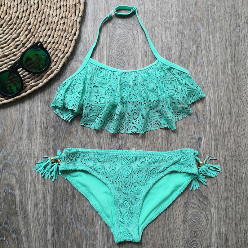 3-14 Years Teenager Girl Swimsuit Kids Lace Girl Bikini Crop Top Bathing Suit Child Girl Swim Wear Two Piece Children'S Swimwear