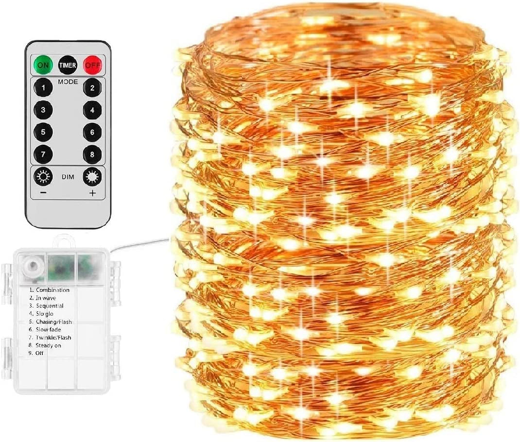 Fairy Lights Battery Christmas String Lights, 66Ft 200 LED Waterproof Remote Timer Control Copper Wire Lights, Fairy Lights Decoration String Lights for Patio Garden Yard Party Wedding
