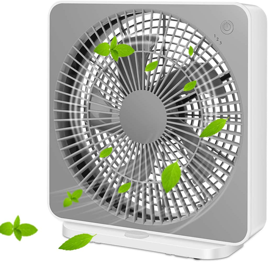 SONBION Box Fan, Three Speeds Window Table Cooling Fan 10 Inch DC Desk Fan with Plug-In AC Adapter, Strong Wind,Quiet Operation Work Fan for Home Bedroom Office Desk Outdoor Travel