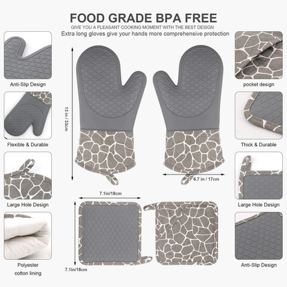 Silicone Oven Mitts and Pot Holders Set 500 F Heat Resistant Oven Gloves Flexible for Kitchen Cooking Baking Grilling Microwave with Quilted Liner BPA Free Non-Slip, Gray