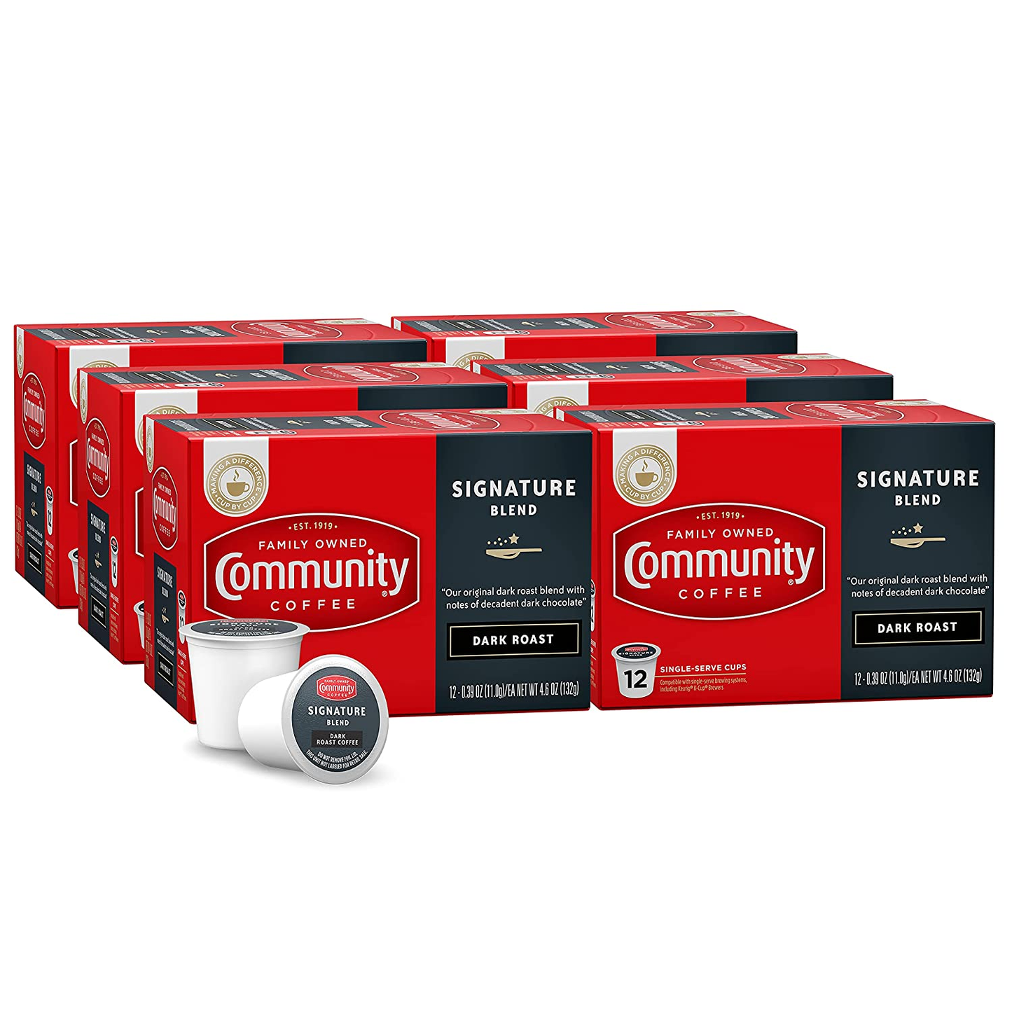 Community Coffee 2X Caffeine 60 Count Coffee Pods, Dark Roast , Compatible with Keurig 2.0 K-Cup Brewers, 10 Count (Pack of 6)