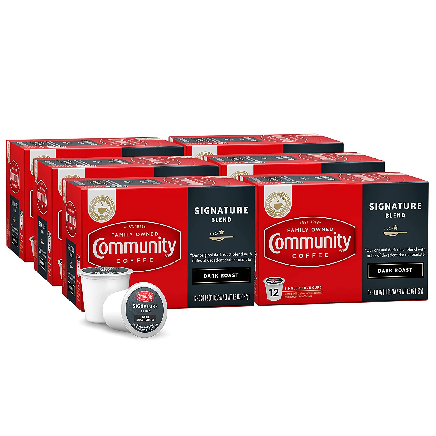 Community Coffee 2X Caffeine 60 Count Coffee Pods, Dark Roast , Compatible with Keurig 2.0 K-Cup Brewers, 10 Count (Pack of 6)