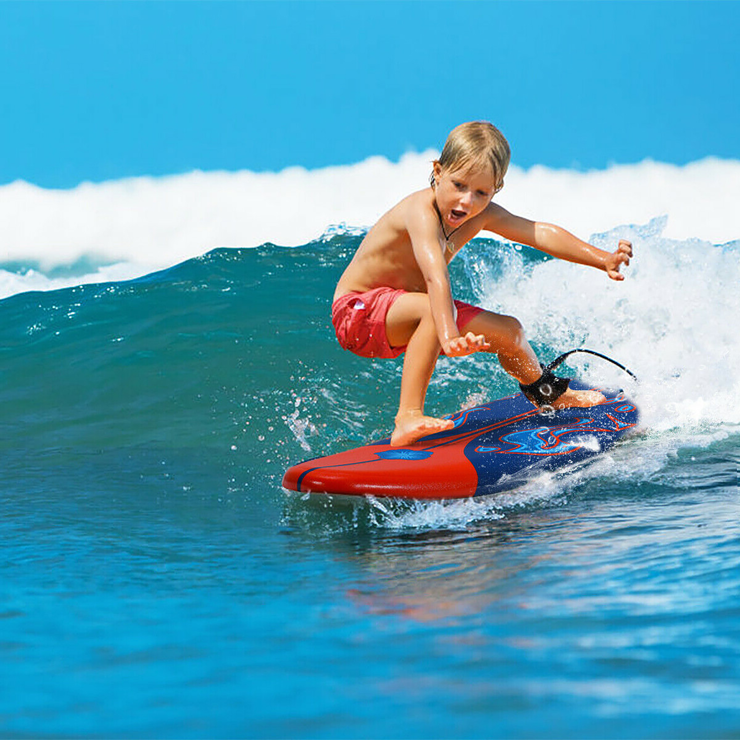 6 Ft. Surfboard Foamie Body Surfing Board with 3 Fins & Leash for Kids Adults Red