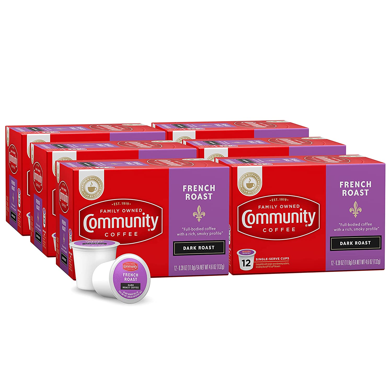 Community Coffee 2X Caffeine 60 Count Coffee Pods, Dark Roast , Compatible with Keurig 2.0 K-Cup Brewers, 10 Count (Pack of 6)