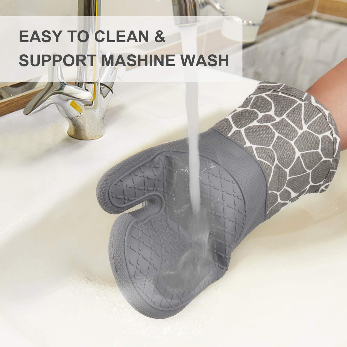 Silicone Oven Mitts and Pot Holders Set 500 F Heat Resistant Oven Gloves Flexible for Kitchen Cooking Baking Grilling Microwave with Quilted Liner BPA Free Non-Slip, Gray