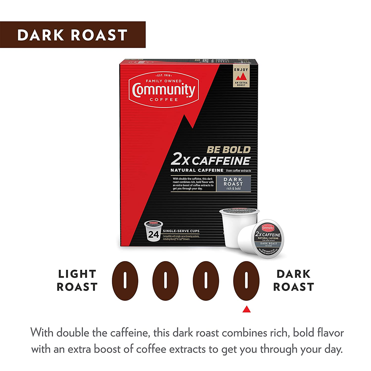 Community Coffee 2X Caffeine 60 Count Coffee Pods, Dark Roast , Compatible with Keurig 2.0 K-Cup Brewers, 10 Count (Pack of 6)