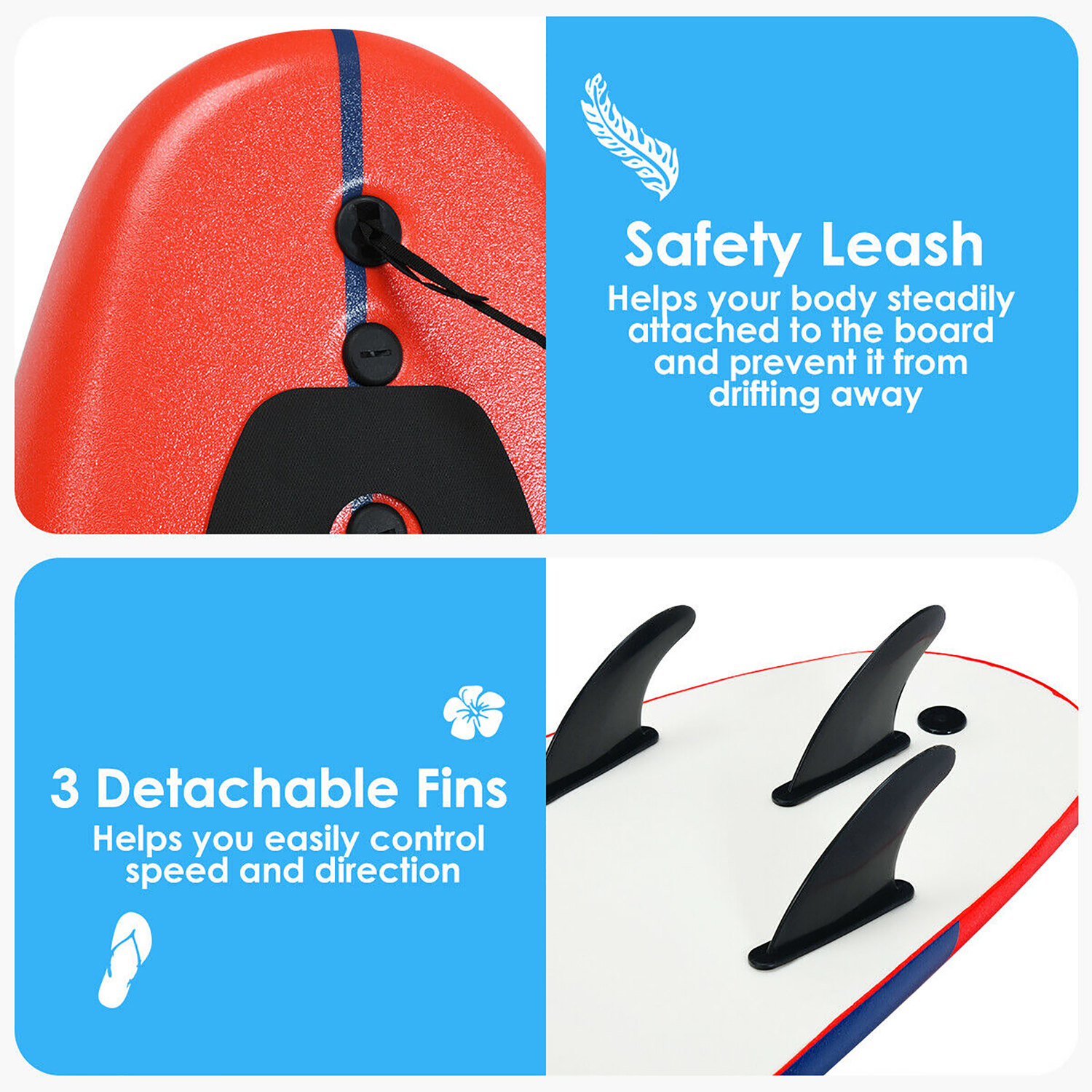 6 Ft. Surfboard Foamie Body Surfing Board with 3 Fins & Leash for Kids Adults Red