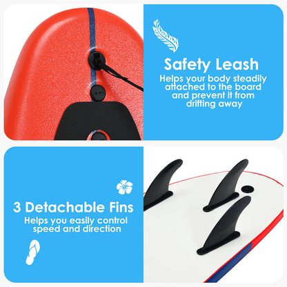 6 Ft. Surfboard Foamie Body Surfing Board with 3 Fins & Leash for Kids Adults Red