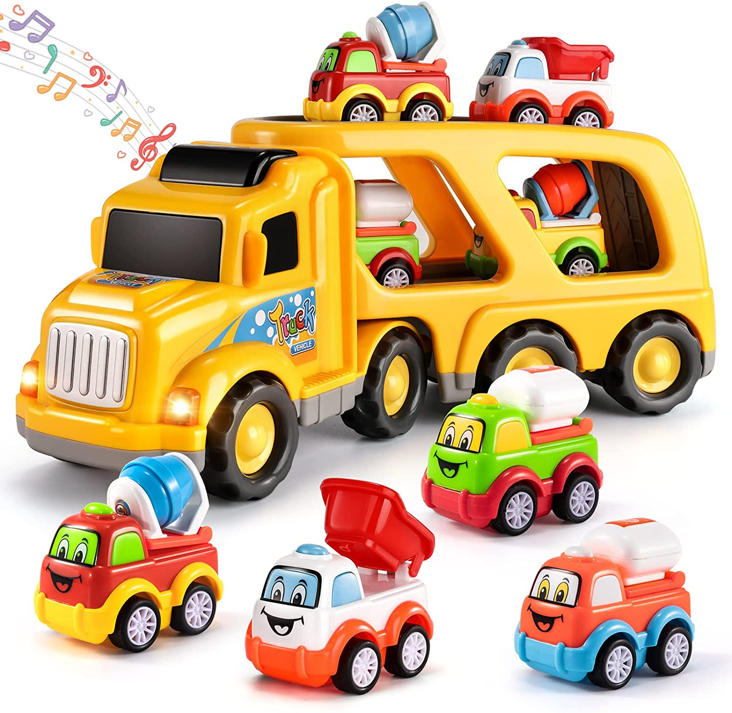 TEMI Construction Truck Toys for 1 2 3 4 5 6 Year Old Boys, 5-In-1 Friction Power Toy Vehicle in Carrier Truck, Toddler Toys Car for Boys for Kids Aged 3+