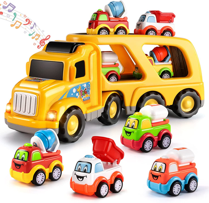 TEMI Construction Truck Toys for 1 2 3 4 5 6 Year Old Boys, 5-In-1 Friction Power Toy Vehicle in Carrier Truck, Toddler Toys Car for Boys for Kids Aged 3+