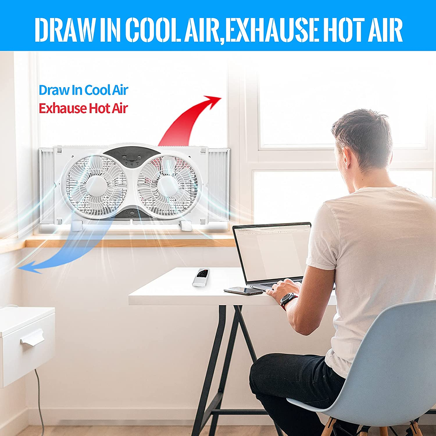 BEYOND BREEZE Premium 9" Twin Window Fan 3-Speed Reversible Airflow Blades, 3-Function Expandable Twin Window Fan with Remote Control (Min. 23.5" Max. 37")