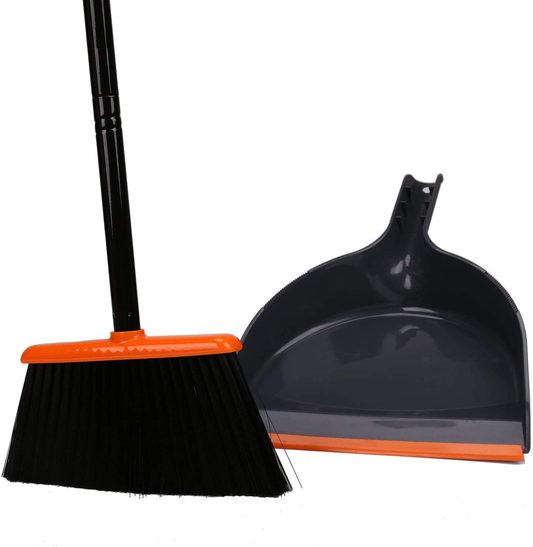 Treelen Angle Broom and Dustpan Set, Dust Pan Snaps on Broom Handles Orange
