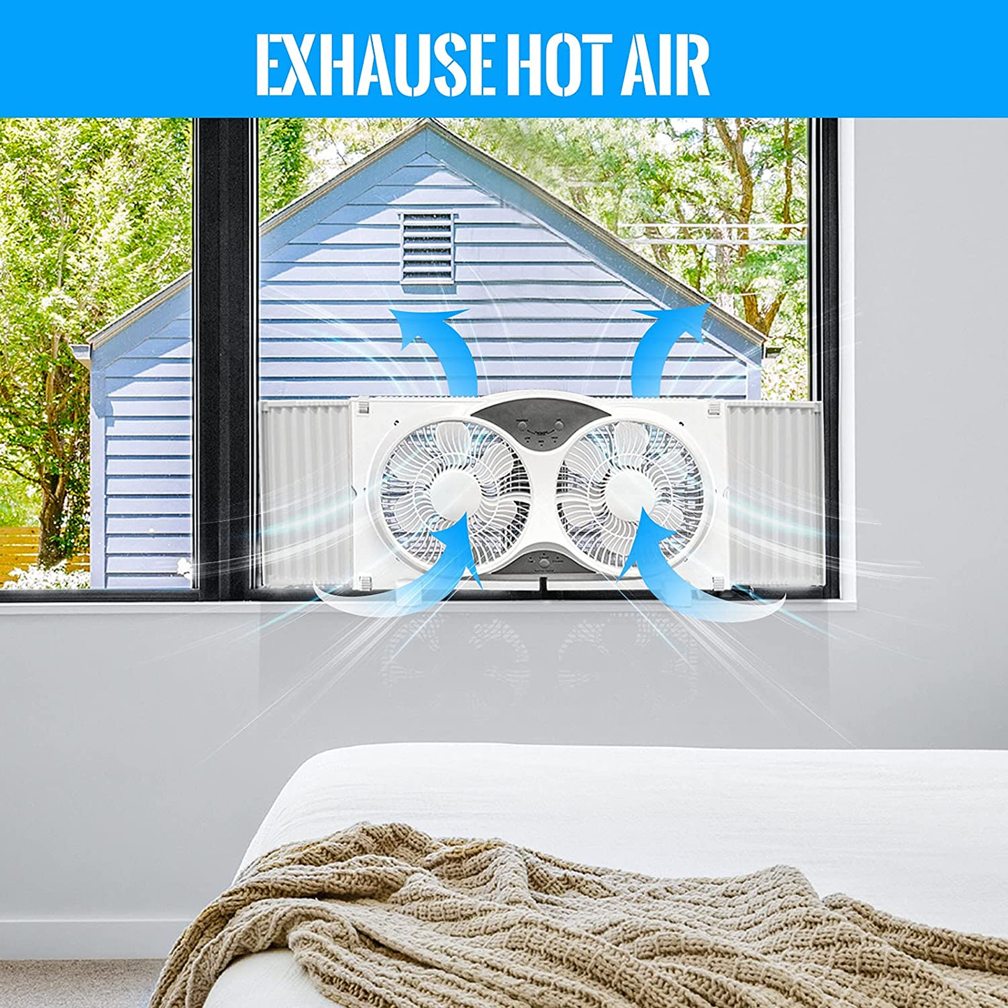 BEYOND BREEZE Premium 9" Twin Window Fan 3-Speed Reversible Airflow Blades, 3-Function Expandable Twin Window Fan with Remote Control (Min. 23.5" Max. 37")
