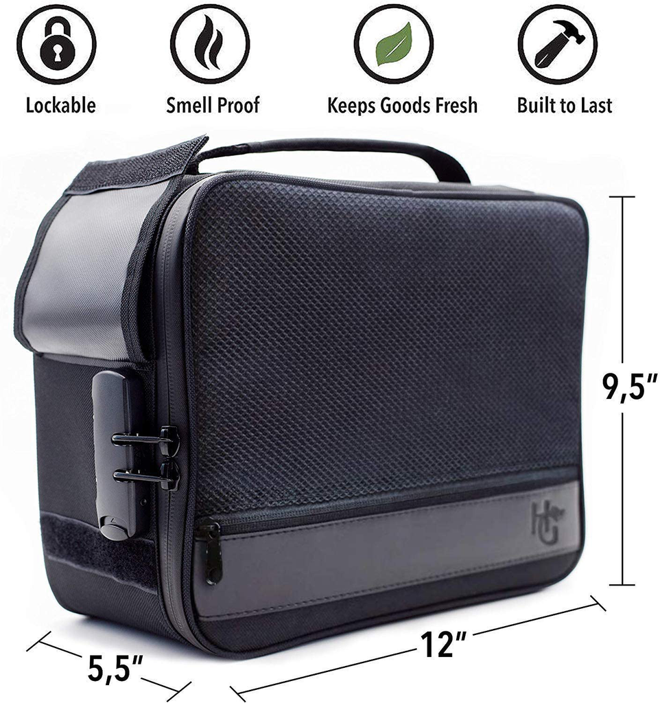 Extra Large Smell Proof Case with Combination Lock by Herb Guard (Stash Box Holds 5 Ounces of Herbs and Dried Foods) Comes with Smell Proof Jar, Humidity Pack, Built In Tray, Bags and Grinder Card