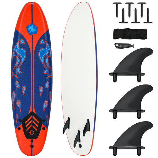 6 Ft. Surfboard Foamie Body Surfing Board with 3 Fins & Leash for Kids Adults Red