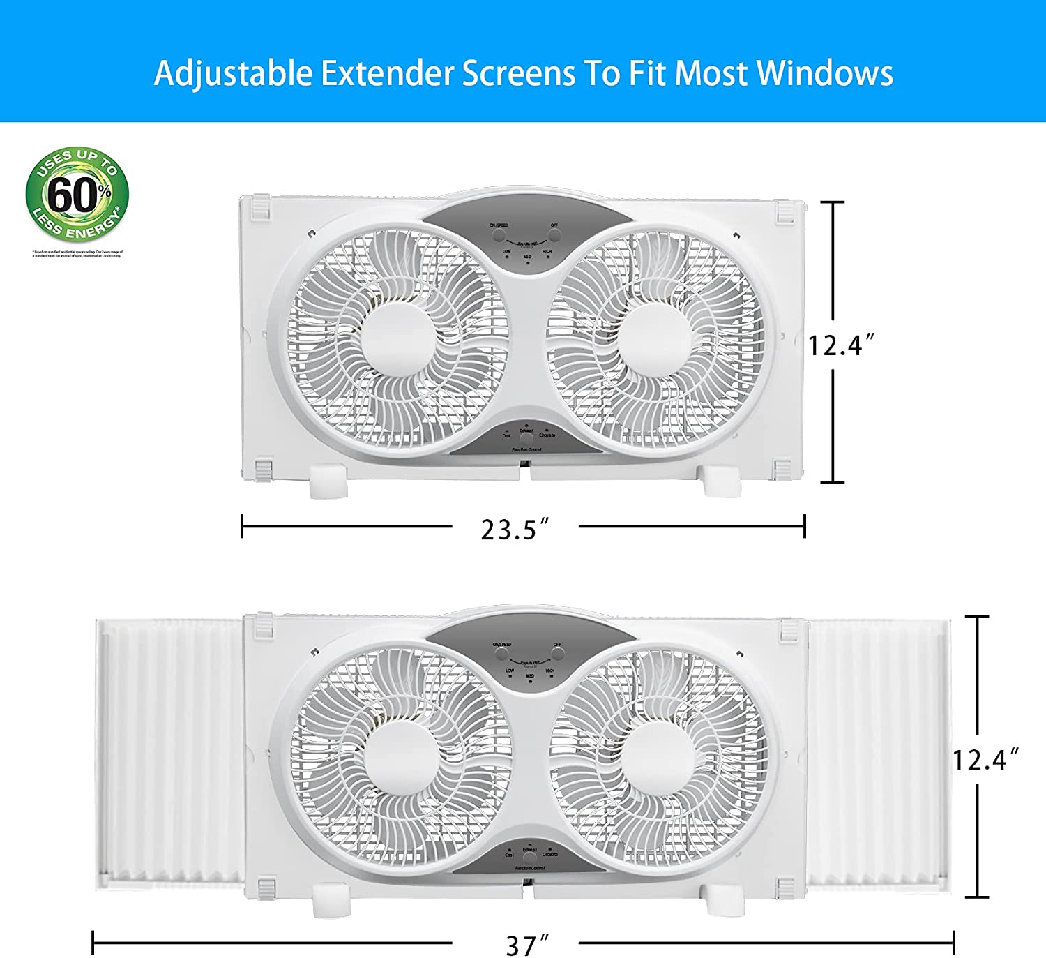 BEYOND BREEZE Premium 9" Twin Window Fan 3-Speed Reversible Airflow Blades, 3-Function Expandable Twin Window Fan with Remote Control (Min. 23.5" Max. 37")