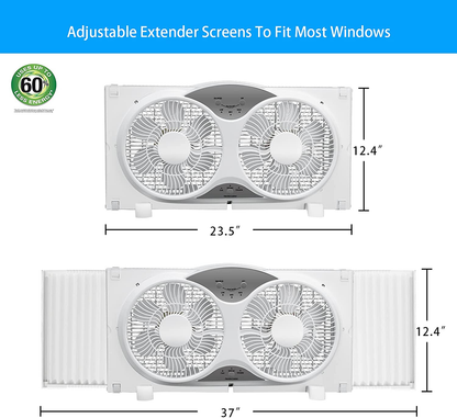 BEYOND BREEZE Premium 9" Twin Window Fan 3-Speed Reversible Airflow Blades, 3-Function Expandable Twin Window Fan with Remote Control (Min. 23.5" Max. 37")
