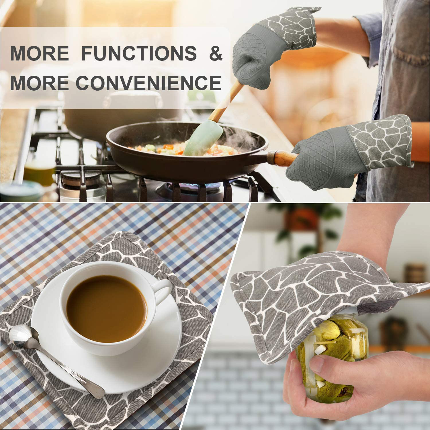 Silicone Oven Mitts and Pot Holders Set 500 F Heat Resistant Oven Gloves Flexible for Kitchen Cooking Baking Grilling Microwave with Quilted Liner BPA Free Non-Slip, Gray