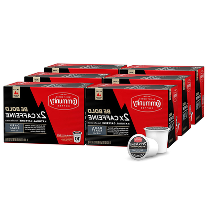 Community Coffee 2X Caffeine 60 Count Coffee Pods, Dark Roast , Compatible with Keurig 2.0 K-Cup Brewers, 10 Count (Pack of 6)