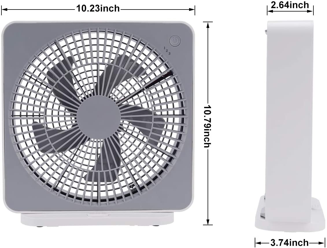 SONBION Box Fan, Three Speeds Window Table Cooling Fan 10 Inch DC Desk Fan with Plug-In AC Adapter, Strong Wind,Quiet Operation Work Fan for Home Bedroom Office Desk Outdoor Travel