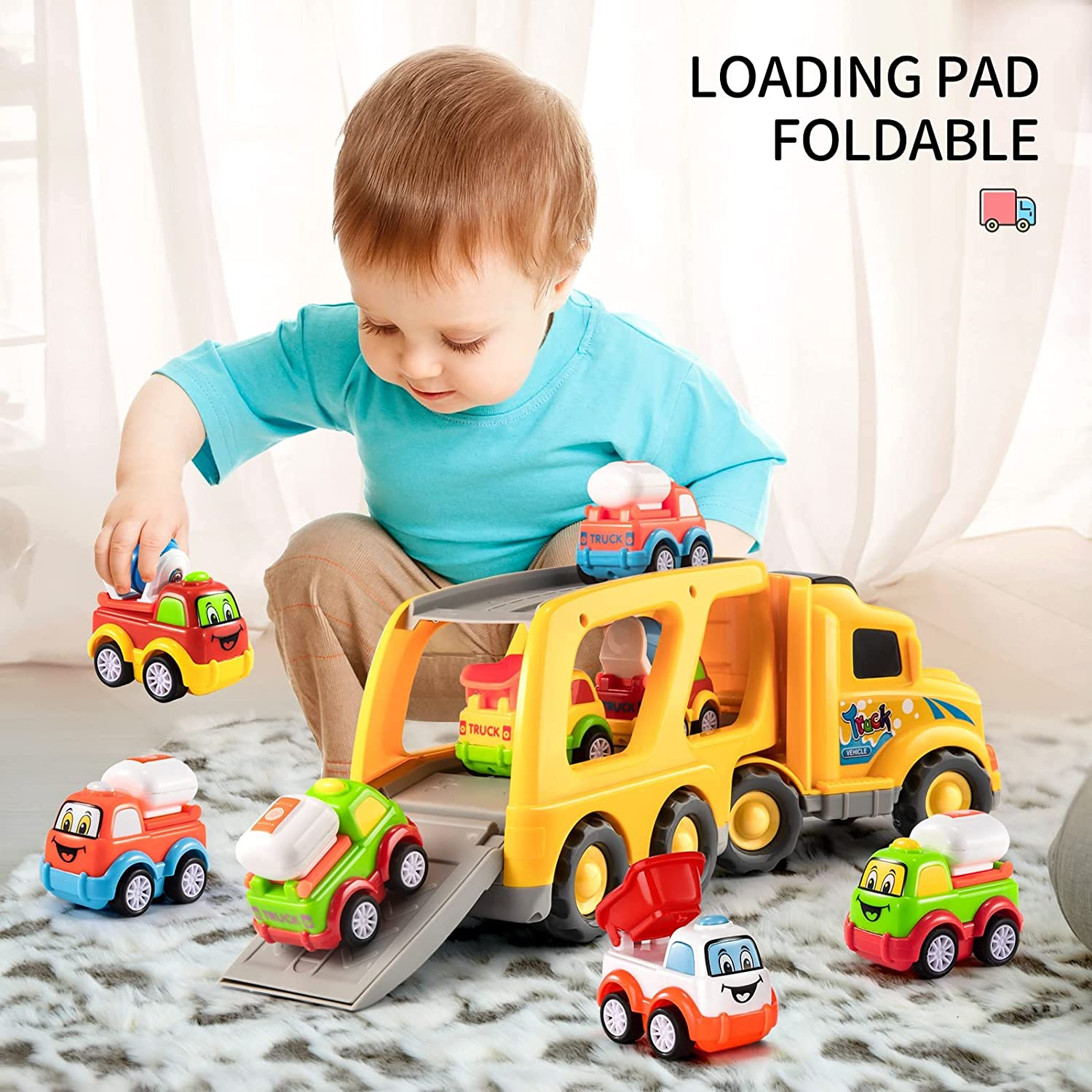 TEMI Construction Truck Toys for 1 2 3 4 5 6 Year Old Boys, 5-In-1 Friction Power Toy Vehicle in Carrier Truck, Toddler Toys Car for Boys for Kids Aged 3+