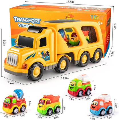 TEMI Construction Truck Toys for 1 2 3 4 5 6 Year Old Boys, 5-In-1 Friction Power Toy Vehicle in Carrier Truck, Toddler Toys Car for Boys for Kids Aged 3+