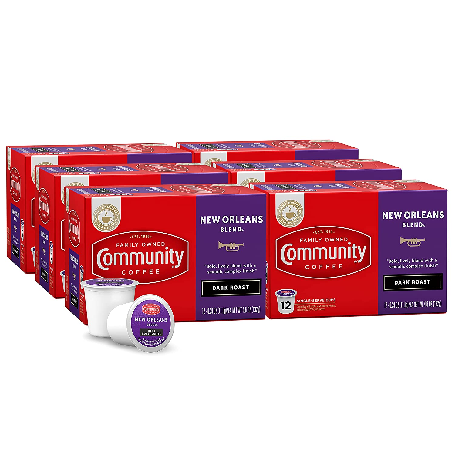 Community Coffee 2X Caffeine 60 Count Coffee Pods, Dark Roast , Compatible with Keurig 2.0 K-Cup Brewers, 10 Count (Pack of 6)