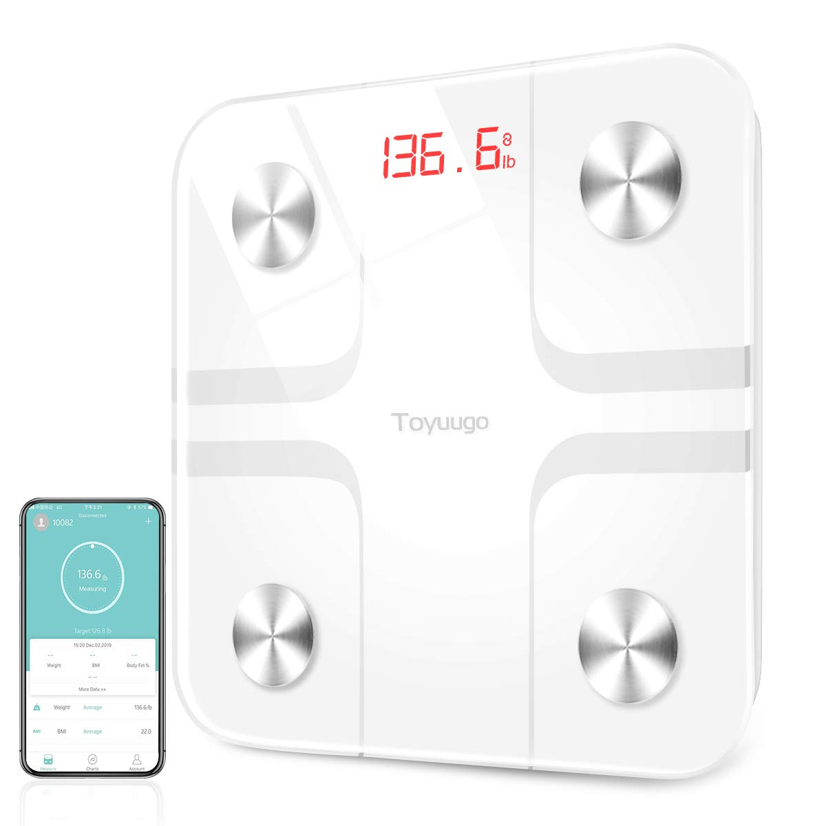 Bluetooth Body Fat Scale, Smart Wireless BMI Bathroom Weight Scale Body Composition Monitor Health Analyzer with Smartphone App for Body Weight, Fat, Water, BMI, BMR (Black)