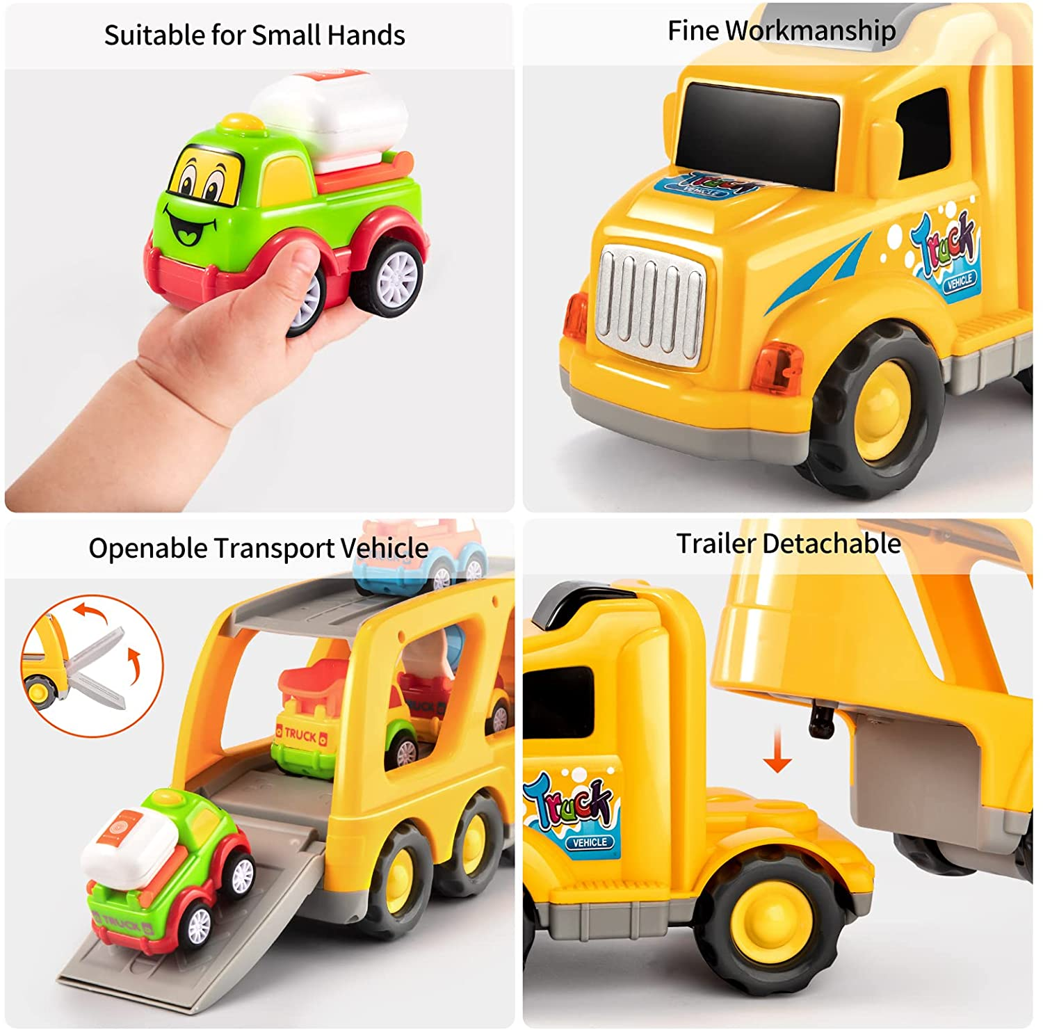 TEMI Construction Truck Toys for 1 2 3 4 5 6 Year Old Boys, 5-In-1 Friction Power Toy Vehicle in Carrier Truck, Toddler Toys Car for Boys for Kids Aged 3+