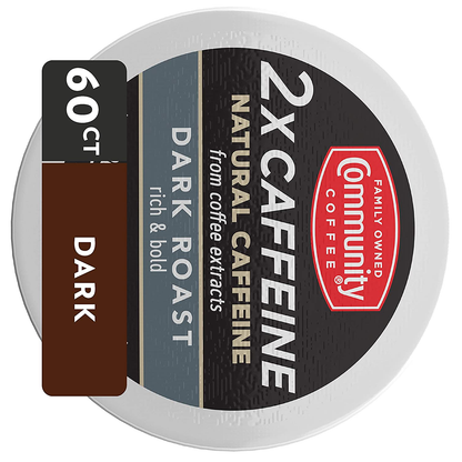 Community Coffee 2X Caffeine 60 Count Coffee Pods, Dark Roast , Compatible with Keurig 2.0 K-Cup Brewers, 10 Count (Pack of 6)