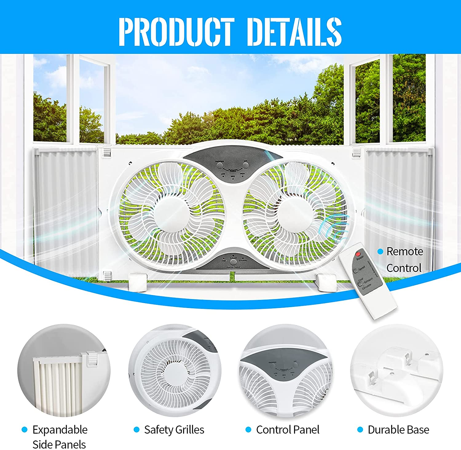 BEYOND BREEZE Premium 9" Twin Window Fan 3-Speed Reversible Airflow Blades, 3-Function Expandable Twin Window Fan with Remote Control (Min. 23.5" Max. 37")