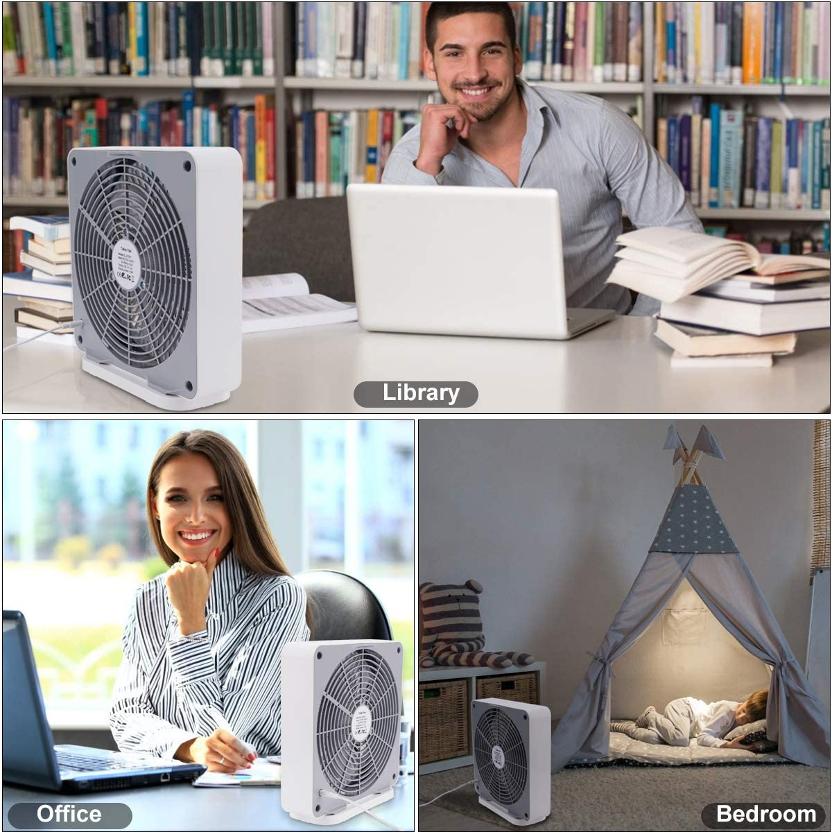 SONBION Box Fan, Three Speeds Window Table Cooling Fan 10 Inch DC Desk Fan with Plug-In AC Adapter, Strong Wind,Quiet Operation Work Fan for Home Bedroom Office Desk Outdoor Travel