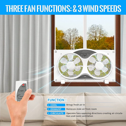 BEYOND BREEZE Premium 9" Twin Window Fan 3-Speed Reversible Airflow Blades, 3-Function Expandable Twin Window Fan with Remote Control (Min. 23.5" Max. 37")