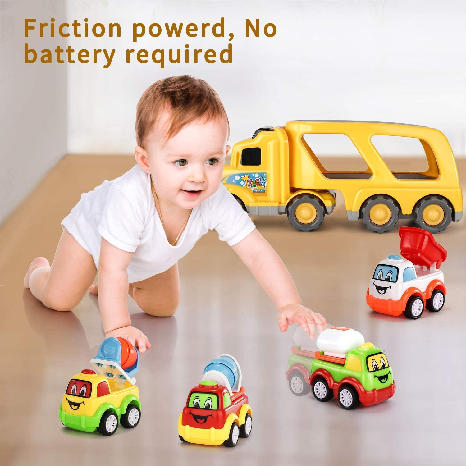 TEMI Construction Truck Toys for 1 2 3 4 5 6 Year Old Boys, 5-In-1 Friction Power Toy Vehicle in Carrier Truck, Toddler Toys Car for Boys for Kids Aged 3+