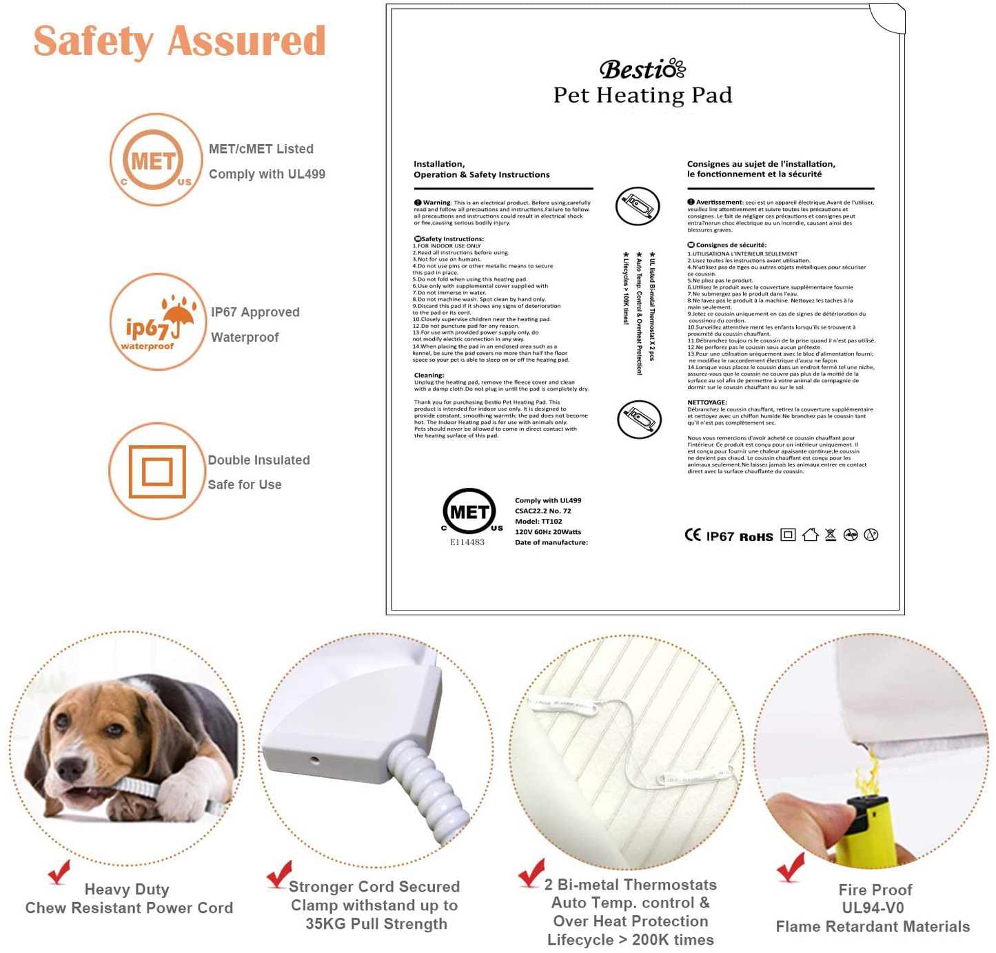 Bestio MET Safety Certified Pet Heating Pad Heated Dog Cat Mat Bed Warmer Features Optimal Even Constant Temperature Heavy Duty Chew Resistant Cord Water Proof for Indoor Dog Cat
