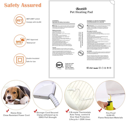 Bestio MET Safety Certified Pet Heating Pad Heated Dog Cat Mat Bed Warmer Features Optimal Even Constant Temperature Heavy Duty Chew Resistant Cord Water Proof for Indoor Dog Cat