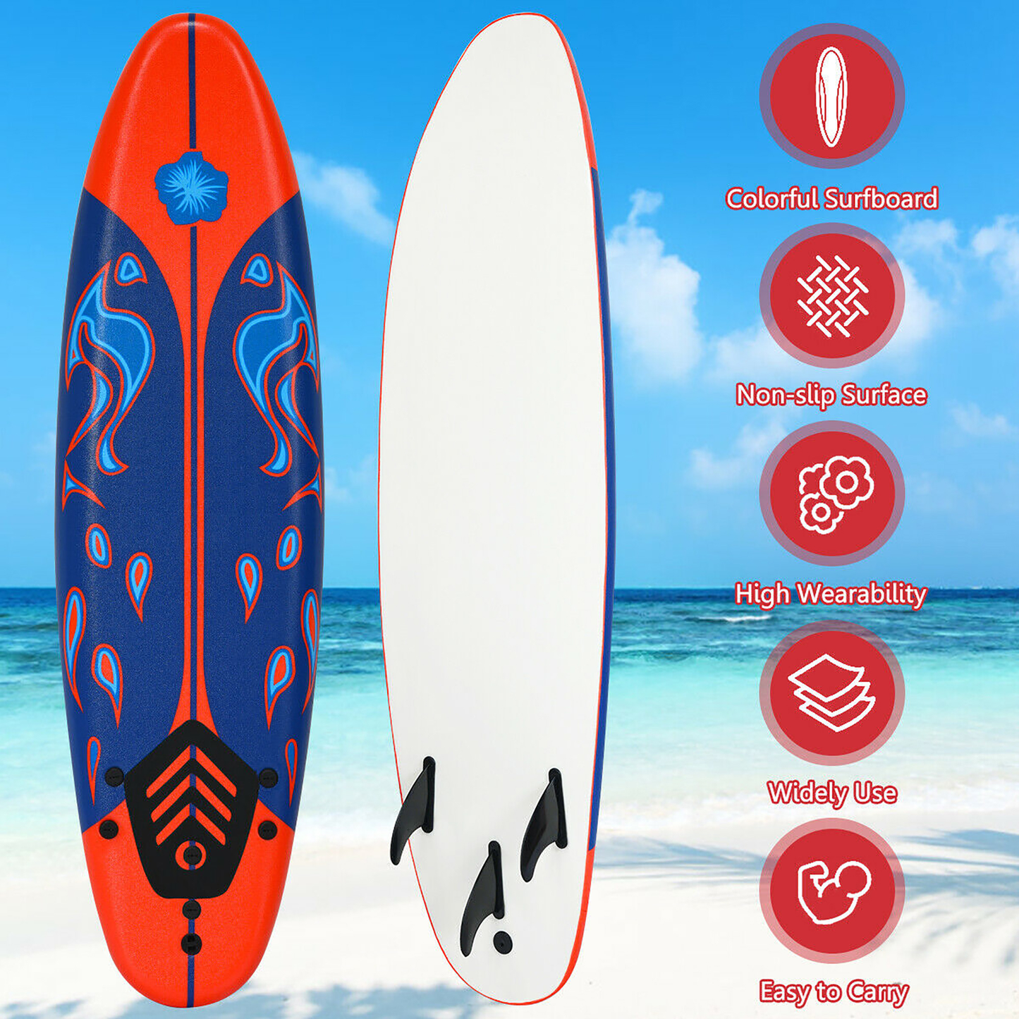6 Ft. Surfboard Foamie Body Surfing Board with 3 Fins & Leash for Kids Adults Red
