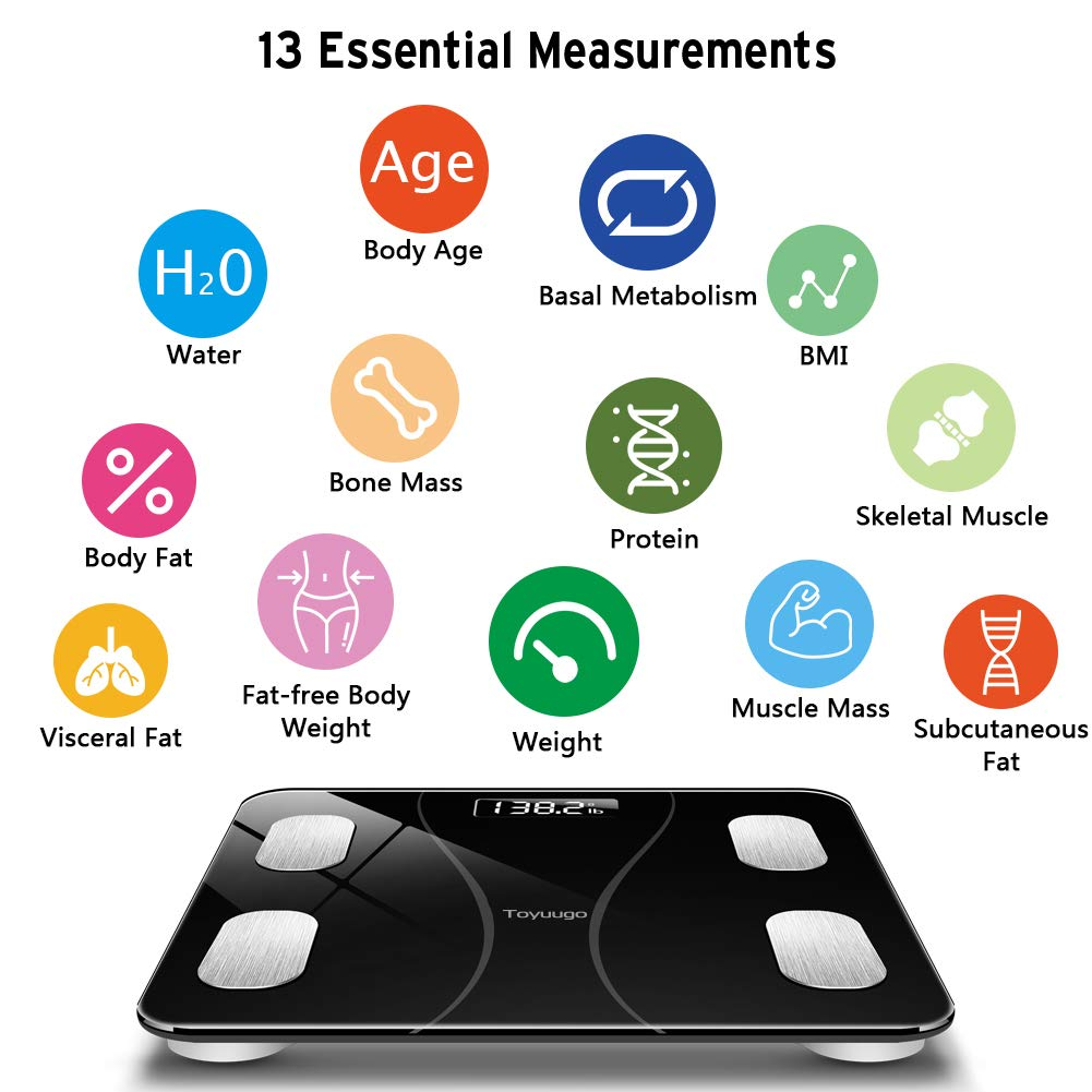 Bluetooth Body Fat Scale, Smart Wireless BMI Bathroom Weight Scale Body Composition Monitor Health Analyzer with Smartphone App for Body Weight, Fat, Water, BMI, BMR (Black)