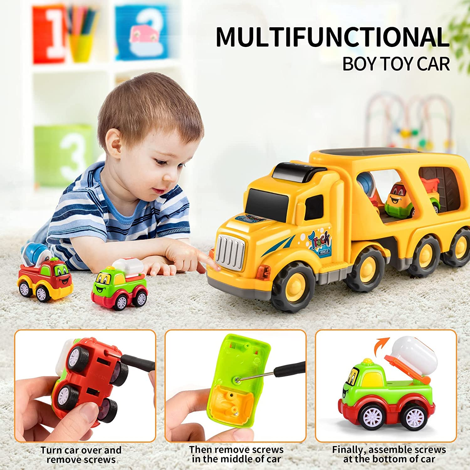 TEMI Construction Truck Toys for 1 2 3 4 5 6 Year Old Boys, 5-In-1 Friction Power Toy Vehicle in Carrier Truck, Toddler Toys Car for Boys for Kids Aged 3+