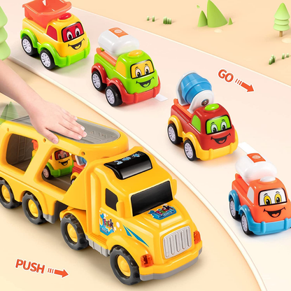 TEMI Construction Truck Toys for 1 2 3 4 5 6 Year Old Boys, 5-In-1 Friction Power Toy Vehicle in Carrier Truck, Toddler Toys Car for Boys for Kids Aged 3+