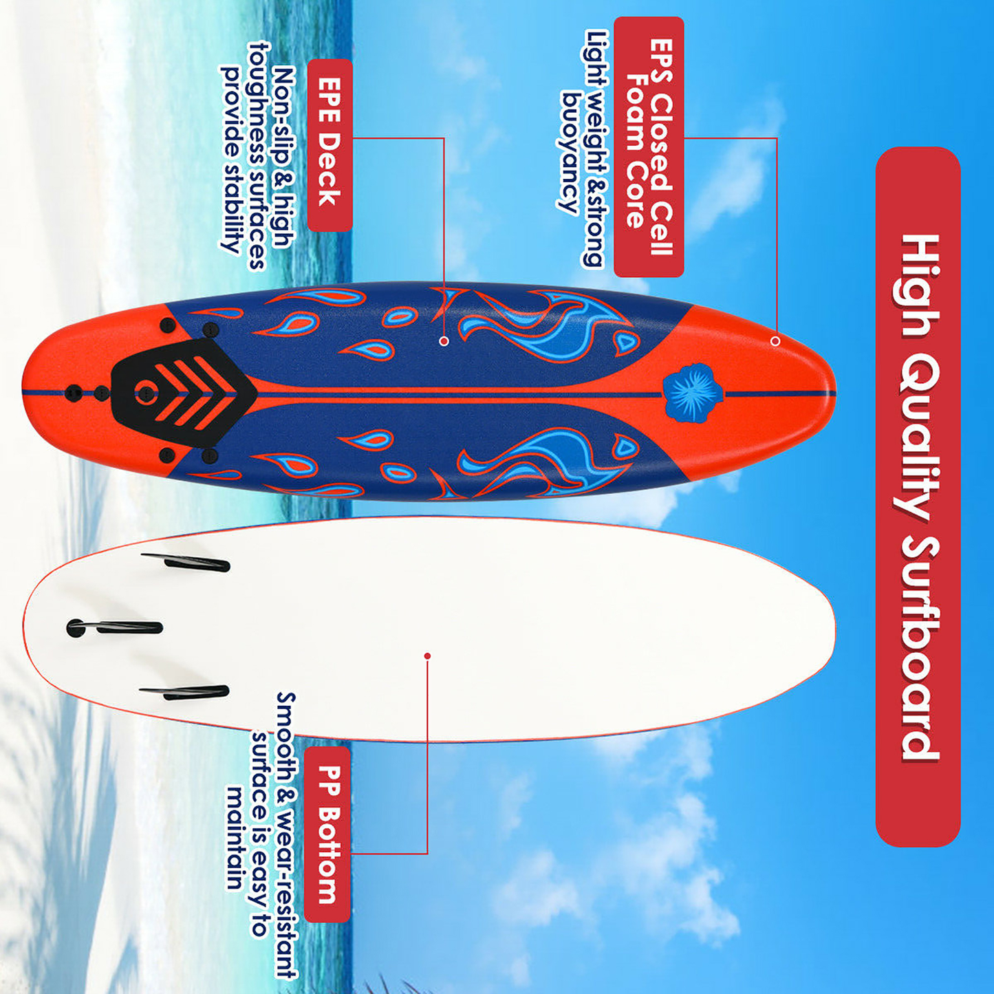 6 Ft. Surfboard Foamie Body Surfing Board with 3 Fins & Leash for Kids Adults Red