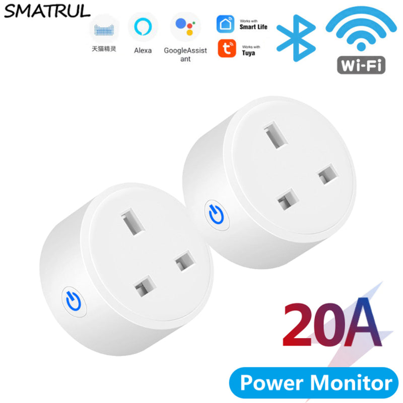 20A Tuya Smart Wifi Plug UK Wireless Control Socket Outlet with Energy Monitering Timer Function Works with Alexa Google Home