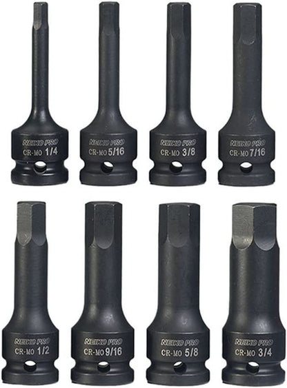 NEIKO 01137B 1/2-Inch-Drive Allen Socket Set, 3-Inch Length, 1/2-Inch Impact Hex-Bit Socket Set, SAE Hex Driver 1/4" to 3/4", Crmo Steel, Impact-Grade, 8-Piece Set