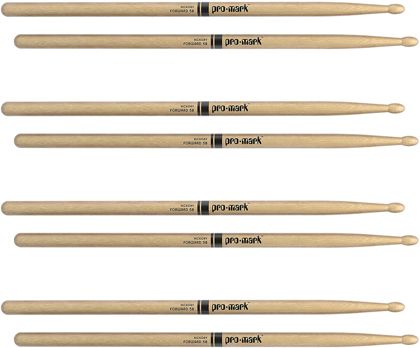 Promark Classic Forward 5B Hickory Drumsticks, Oval Wood Tip, Four Pairs