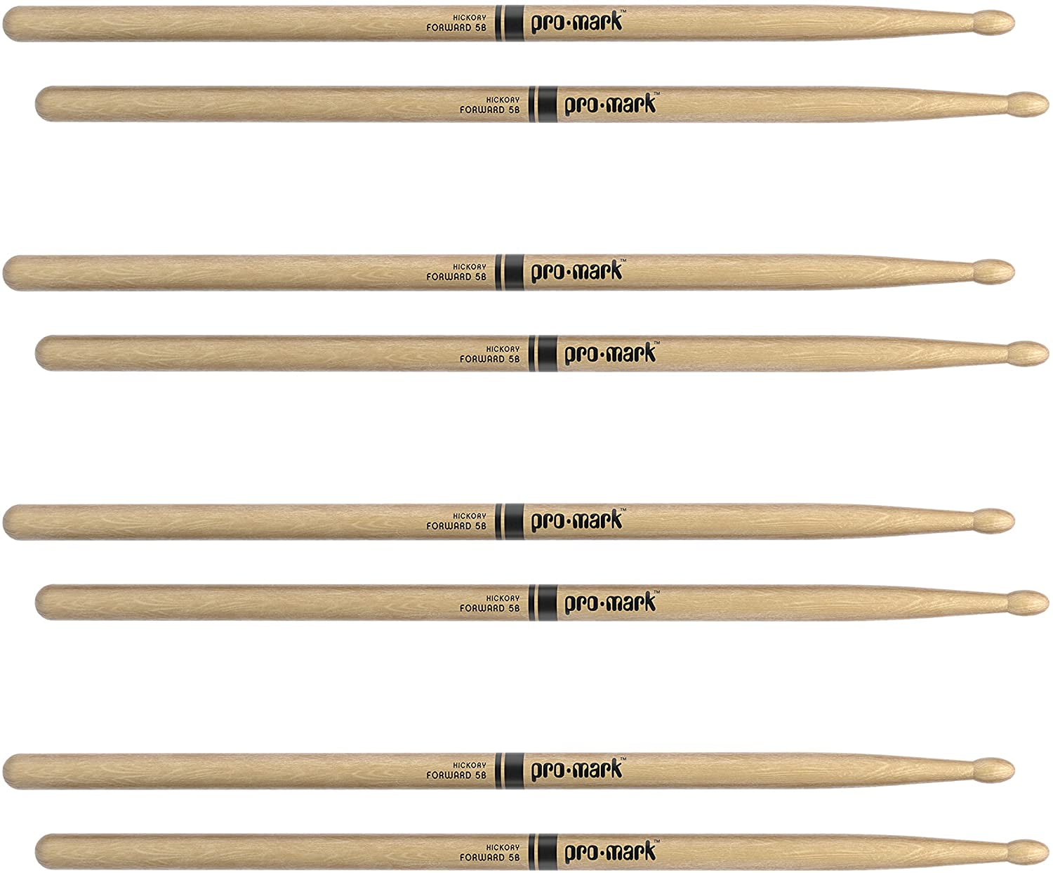 Promark Classic Forward 5B Hickory Drumsticks, Oval Wood Tip, Four Pairs