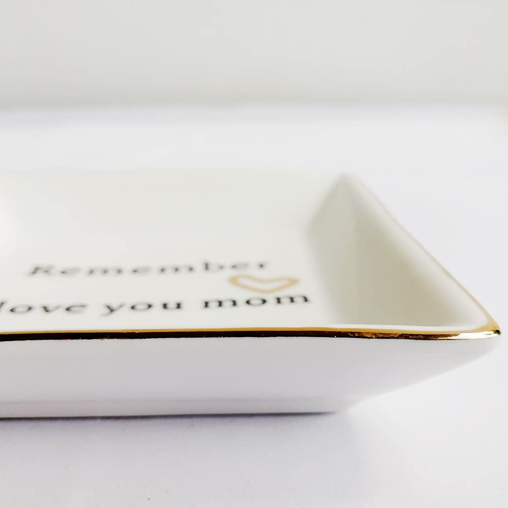 HOME SMILE Ceramic Ring Dish Decorative Trinket Plate -Remember I Love You Mom-Gifts for Mom