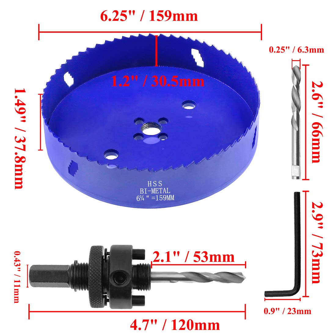 Seimneire 6-1/4 Inch Hole Saw with Heavy Duty Arbor, 1.2 Inch Cutting Depth HSS Bi-Metal Hole Drilling Cutter for Smoothly Cutting in Wood Cornhole Boards Plastic Drywall & Thin Metal