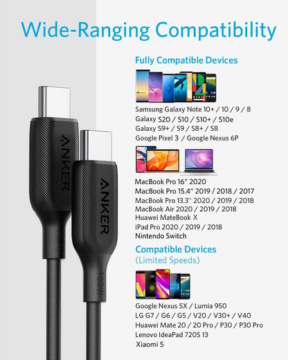 USB C to USB C Cable 100W, Anker Powerline III Type C Fast Charging Cable 2.0, PD Charging for Apple MacBook Pro 2020, iPad Pro 2020, Galaxy S10 Plus S9 S8 Plus, Pixel, Switch, LG V20, and More