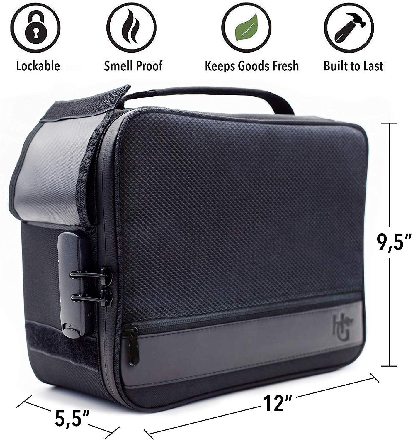 Extra Large Smell Proof Case with Combination Lock by Herb Guard (Stash Box Holds 5 Ounces of Herbs and Dried Foods) Comes with Smell Proof Jar, Humidity Pack, Built In Tray, Bags and Grinder Card