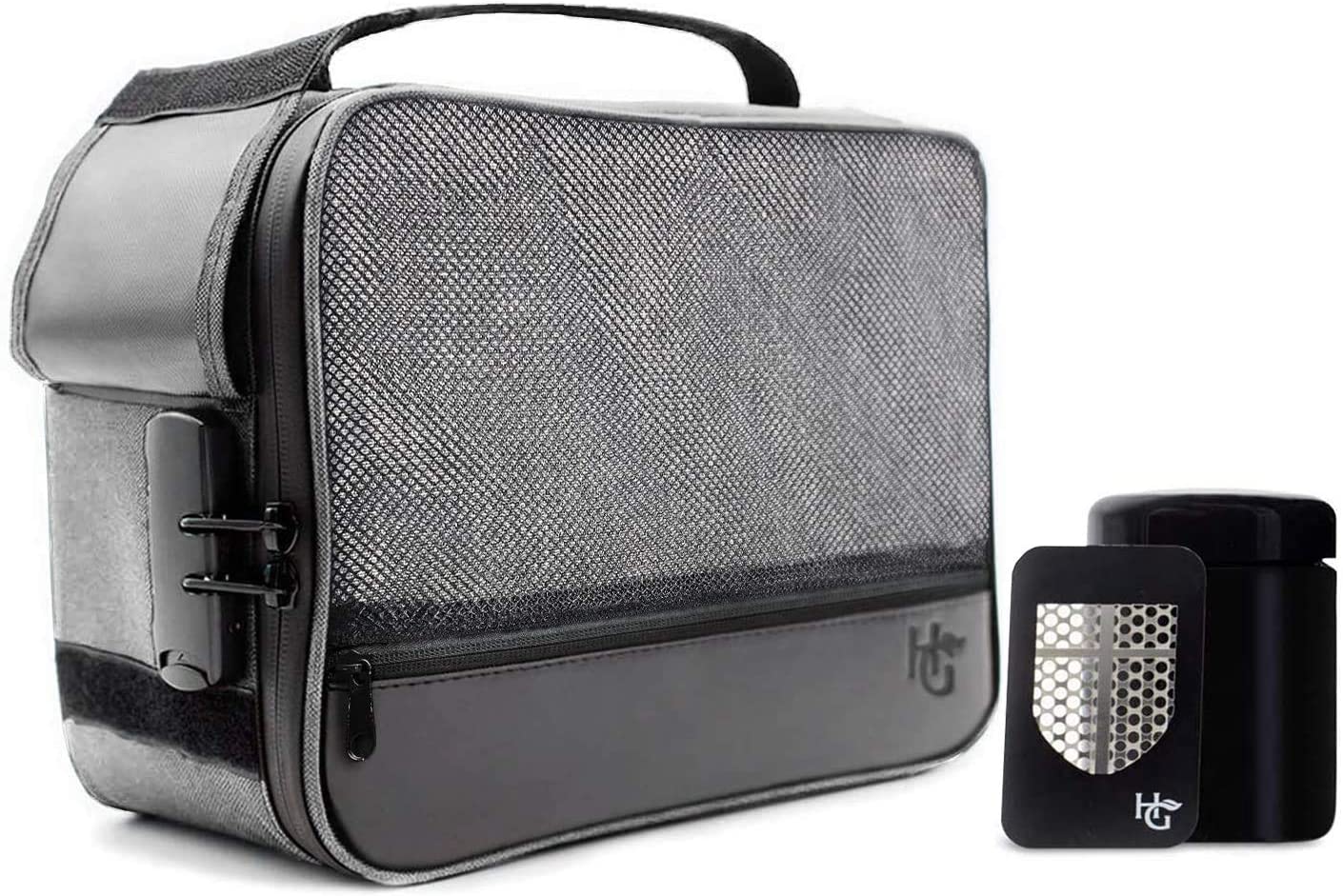 Extra Large Smell Proof Case with Combination Lock by Herb Guard (Stash Box Holds 5 Ounces of Herbs and Dried Foods) Comes with Smell Proof Jar, Humidity Pack, Built In Tray, Bags and Grinder Card